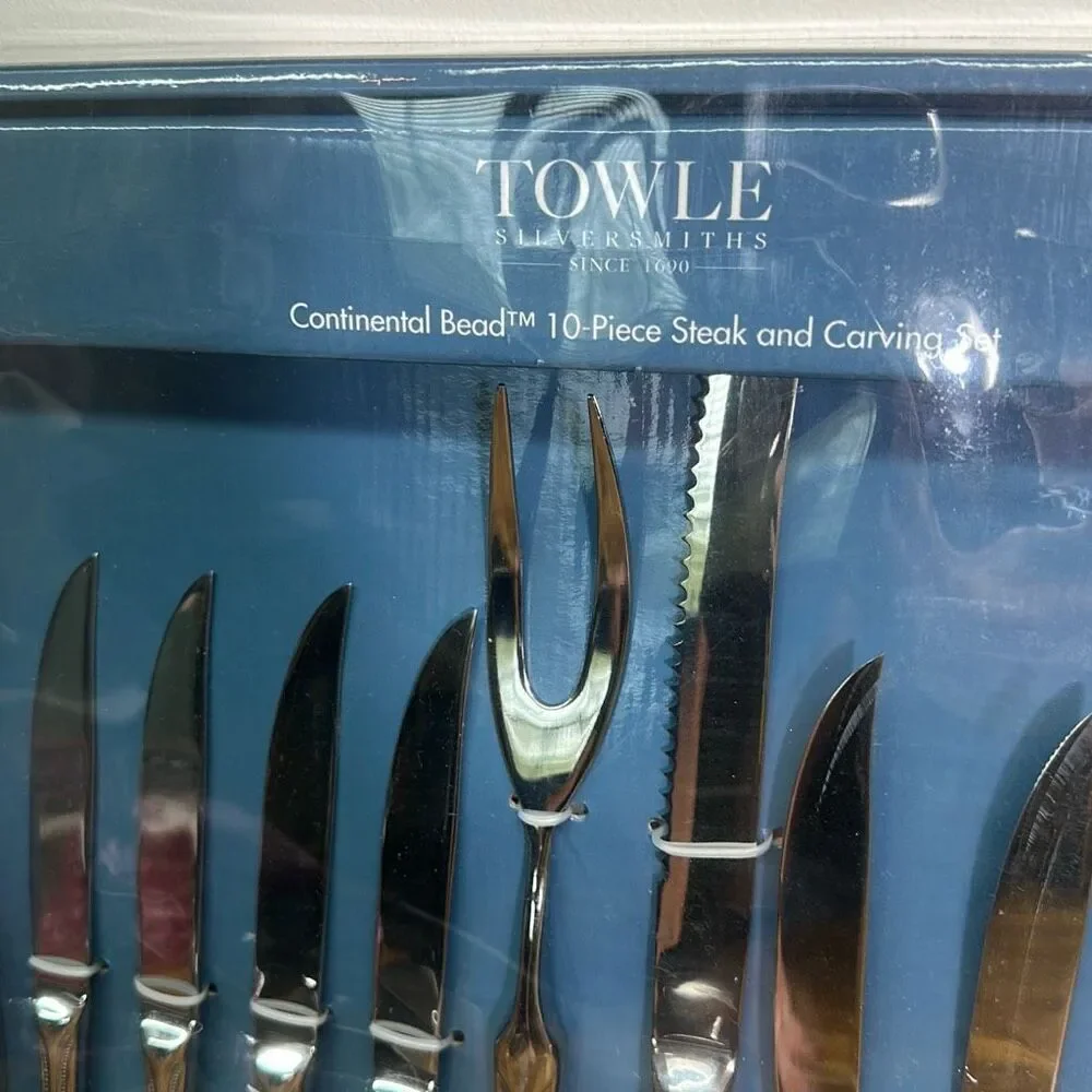 Towle Silversmiths Continental Bead 10 pc Steak + Carving Set NEW in box 5020379